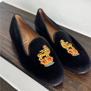 Stubbs & Wootton Black Loafers with Gold and Red Embroidery